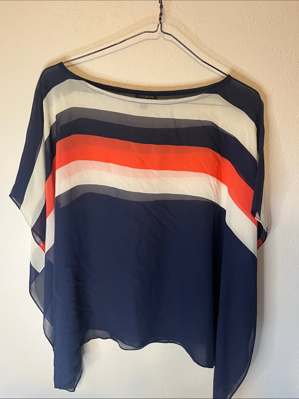 Talbots Navy Silk Blouse with Coral and White Stripes